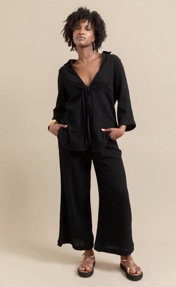 3/4 Sleeve Knot Front Shirt Black