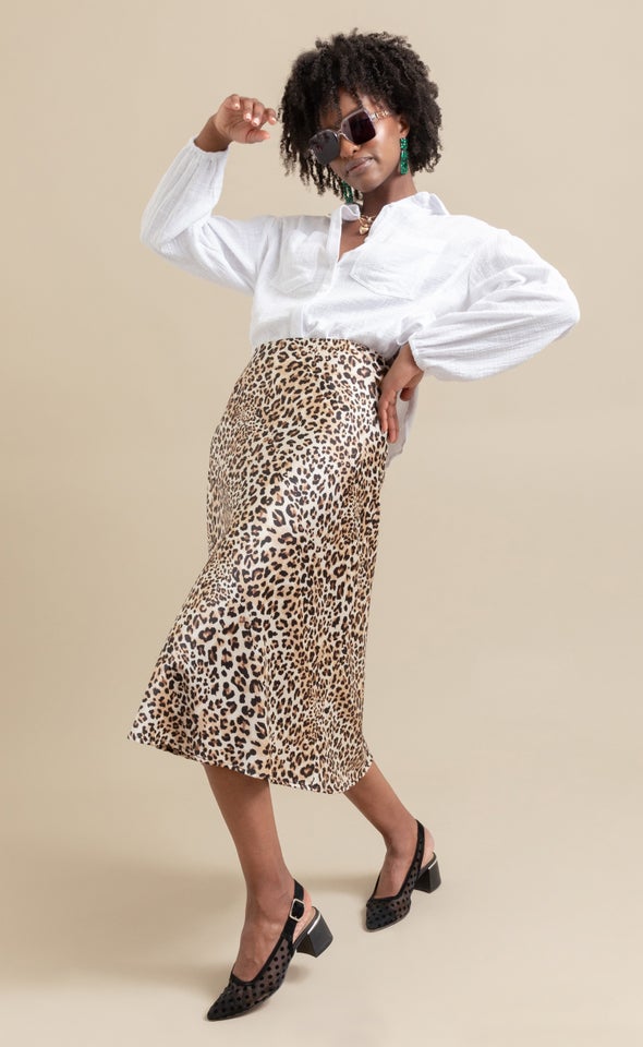 Animal Print Satin Midi Skirt Animal Print