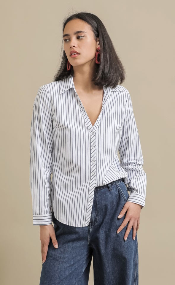 Bias Placket Striped Shirt White / Navy