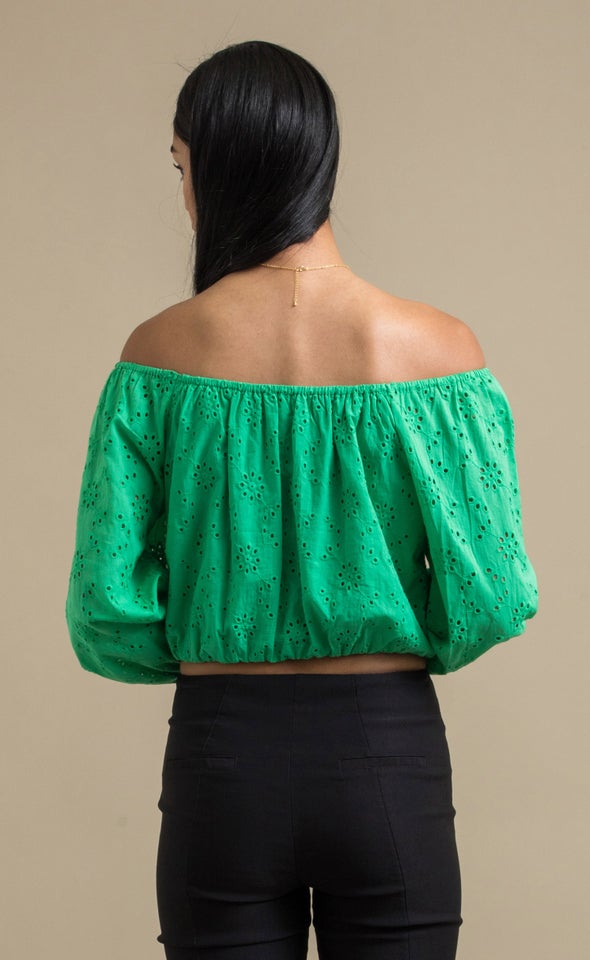 Broderie Off The Shoulder Top Green