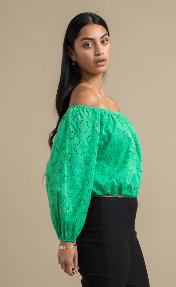 Broderie Off The Shoulder Top Green