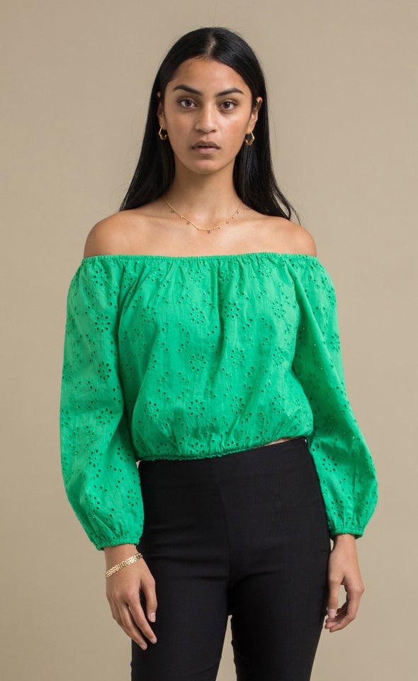 Broderie Off The Shoulder Top Green