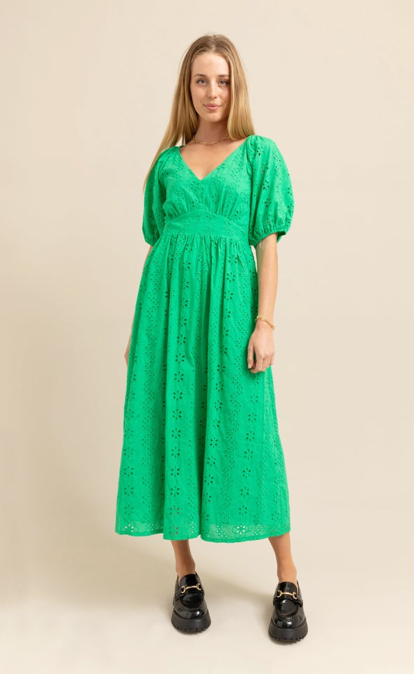 Broderie Panelled Midi Dress Green