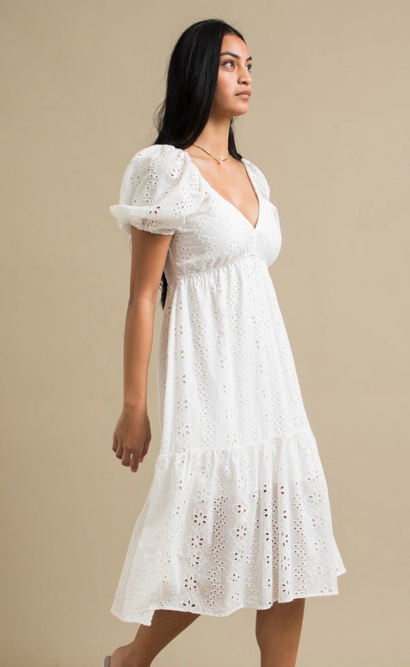 Broderie Puff Sleeve Midi Dress Cream