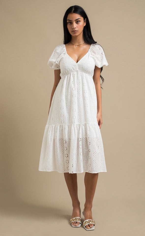 Broderie Puff Sleeve Midi Dress Cream