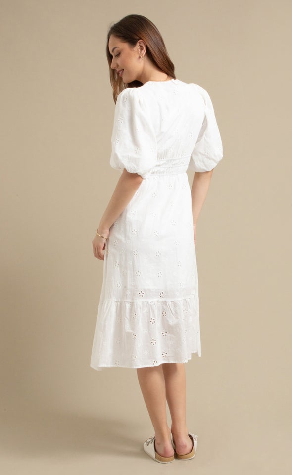 Broderie Puff Sleeve Tier Dress Cream