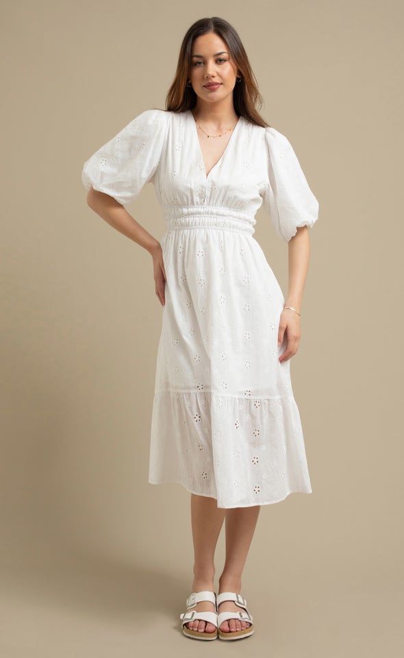 Broderie Puff Sleeve Tier Dress Cream