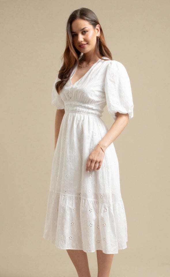 Broderie Puff Sleeve Tier Dress Cream