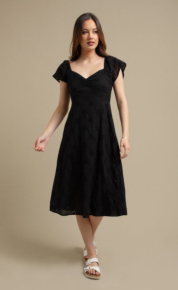 Broderie Sweetheart Midi Dress Black