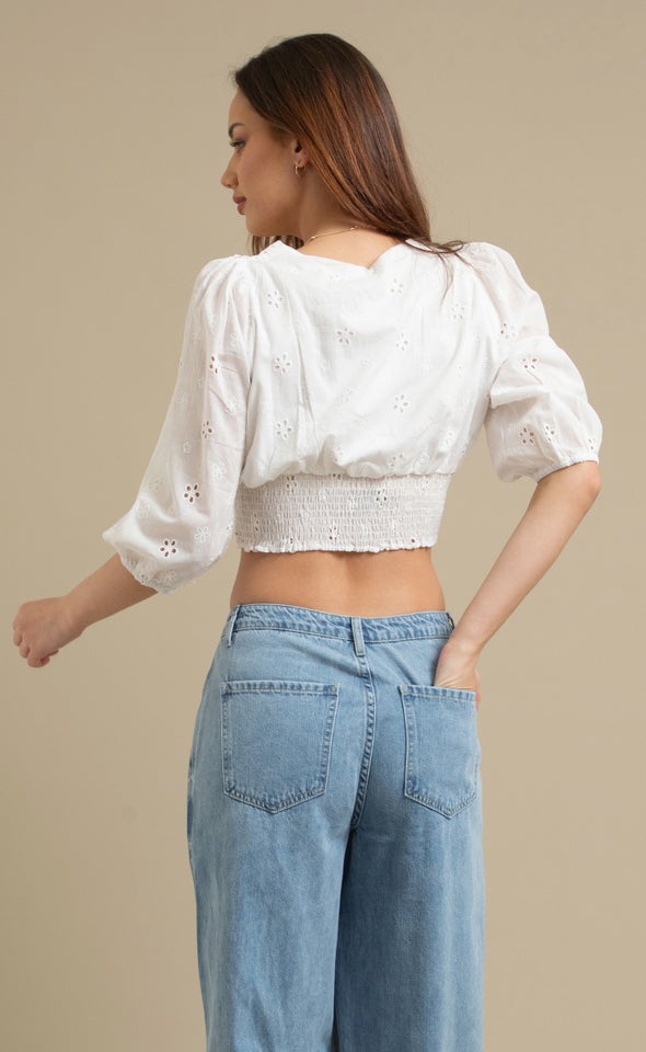 Broderie Wrap Front Top Cream