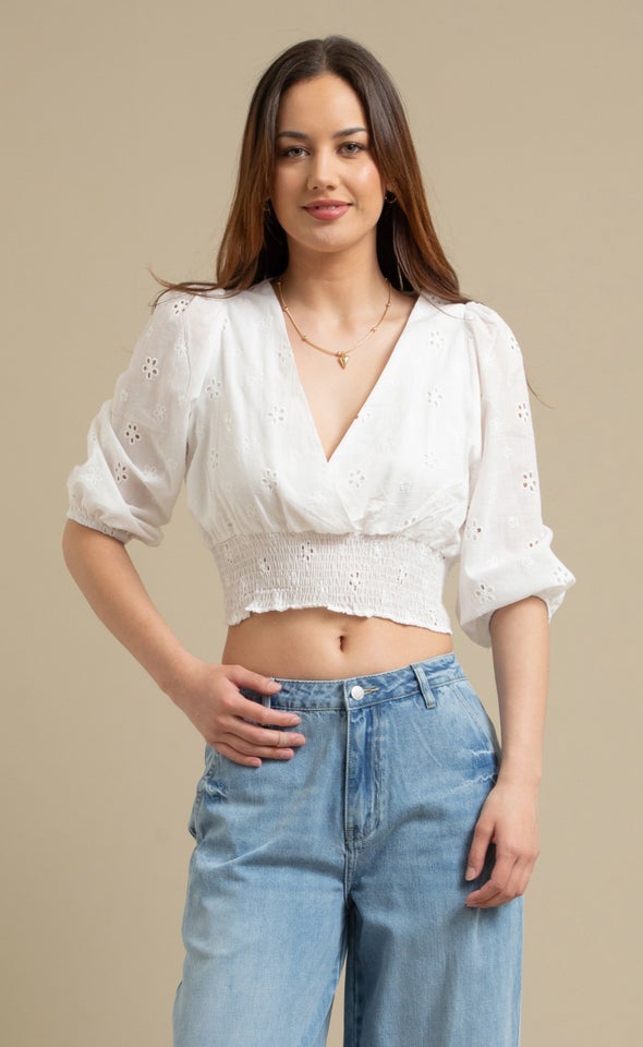 Broderie Wrap Front Top Cream