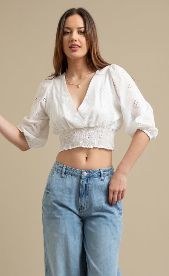 Broderie Wrap Front Top Cream