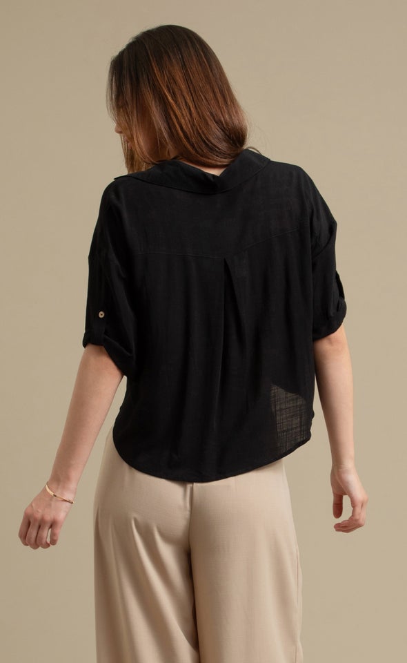 Button Sleeve V Neck Shirt Black