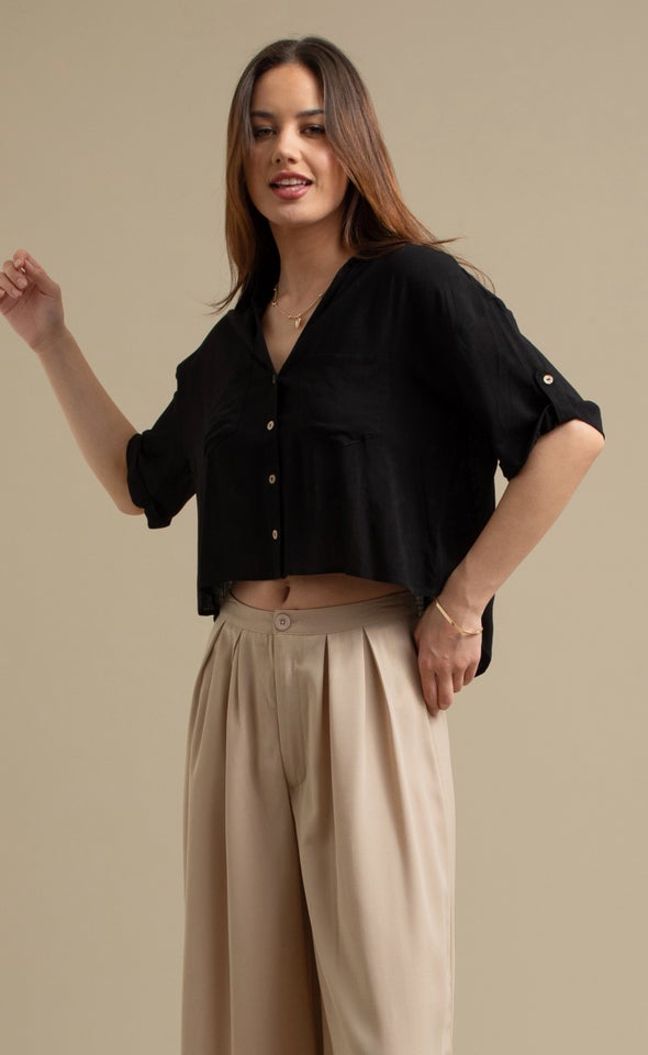 Button Sleeve V Neck Shirt Black