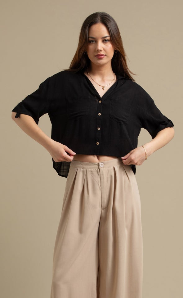 Button Sleeve V Neck Shirt Black