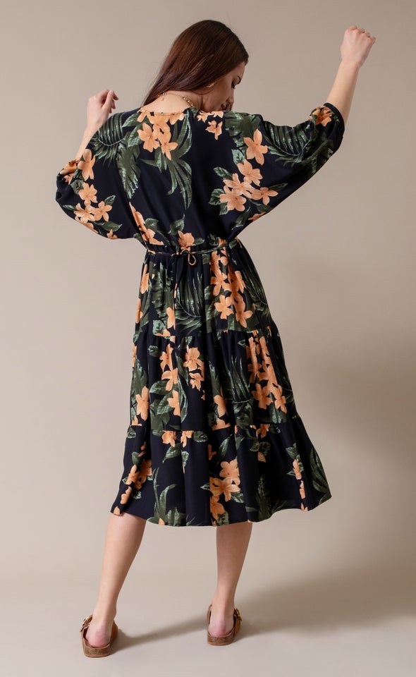 CDC Floral Panelled Midi Dress Black/apricot