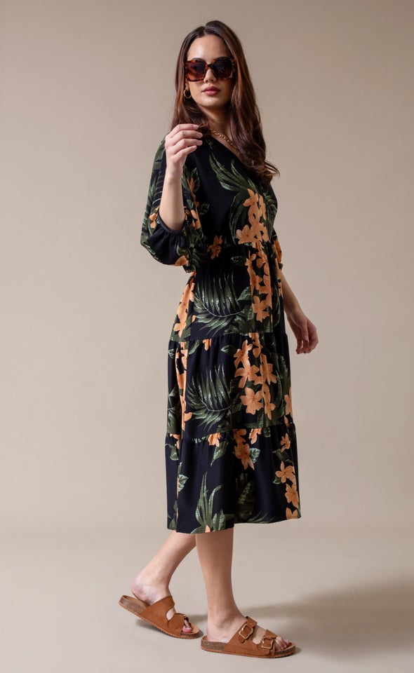 CDC Floral Panelled Midi Dress Black/apricot