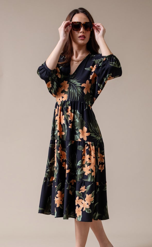 CDC Floral Panelled Midi Dress Black/apricot