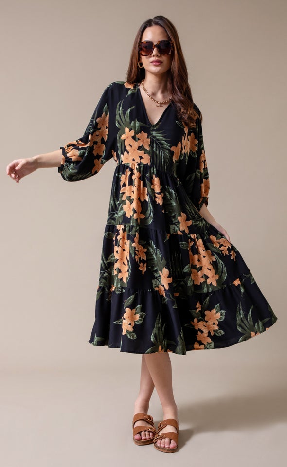 CDC Floral Panelled Midi Dress Black/apricot