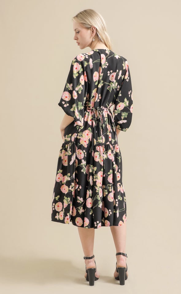 CDC Floral Panelled Midi Dress Black/pink