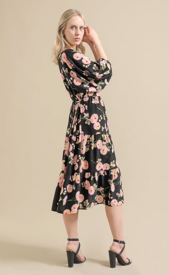 CDC Floral Panelled Midi Dress Black/pink