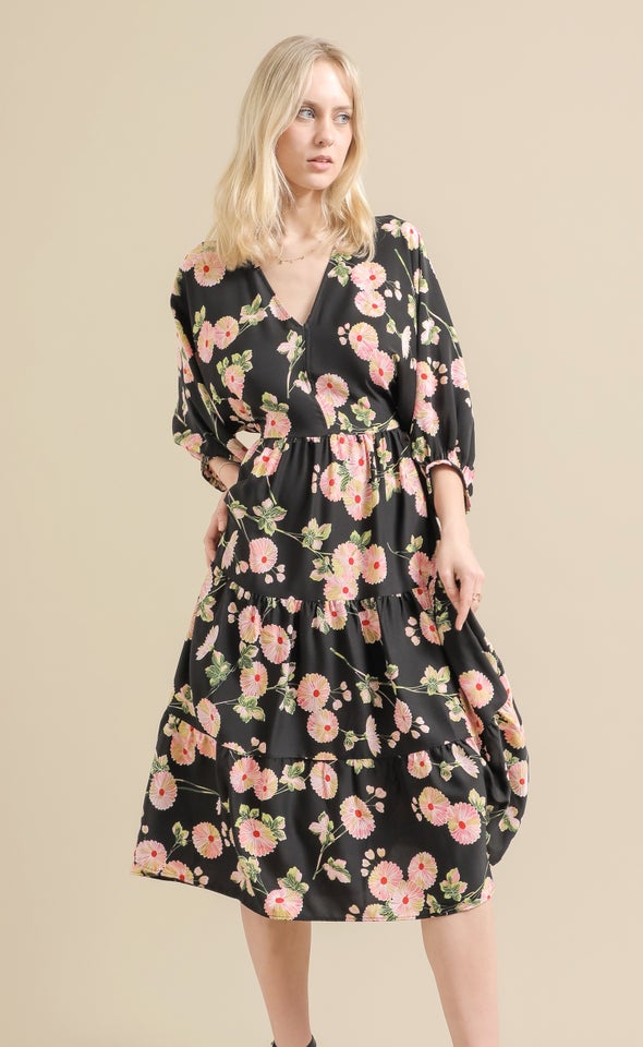 CDC Floral Panelled Midi Dress Black/pink