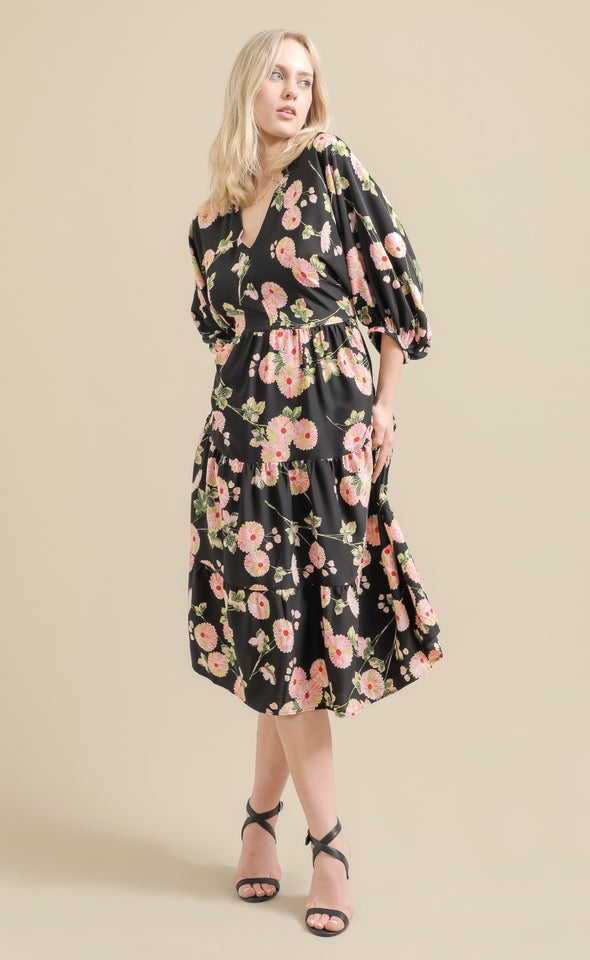 CDC Floral Panelled Midi Dress Black/pink