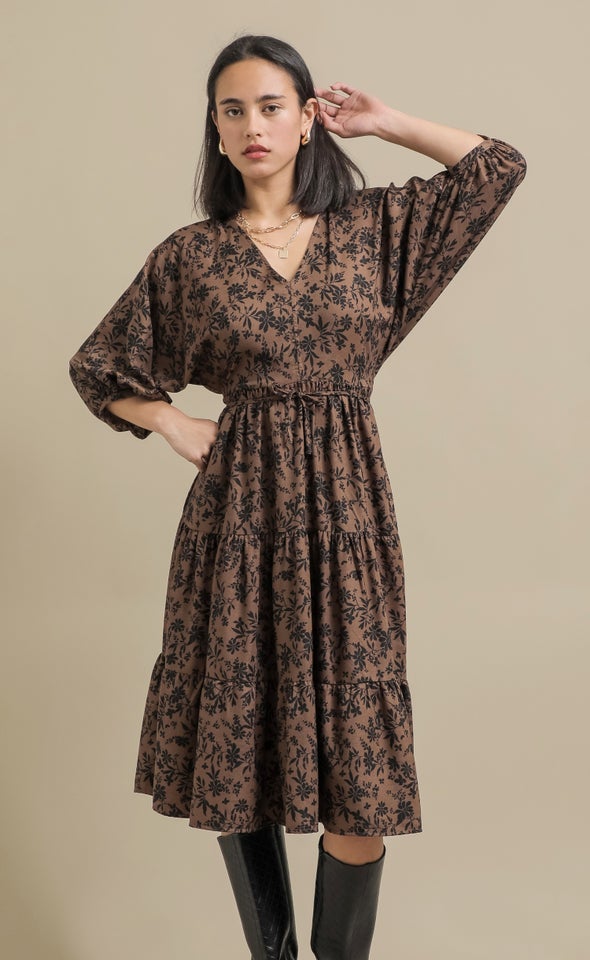 CDC Floral Panelled Midi Dress Chocolate/floral