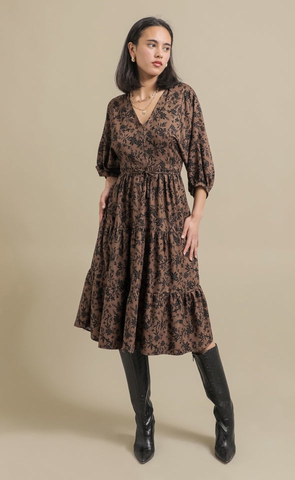 CDC Floral Panelled Midi Dress Chocolate/floral