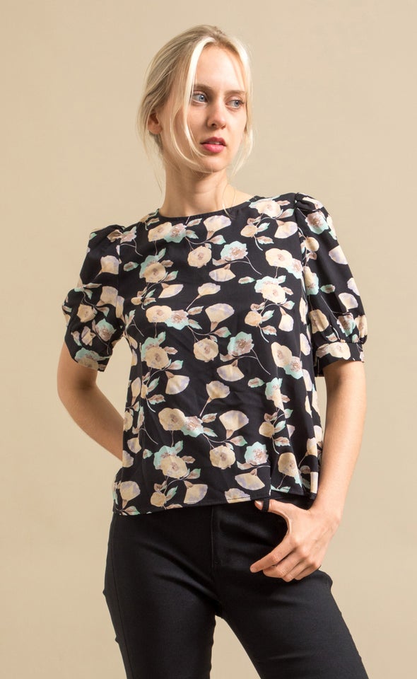 CDC Floral Puff Sleeve Top Black/floral