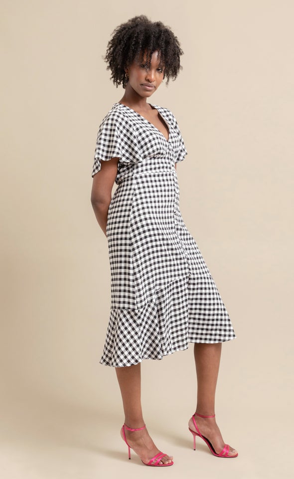 CDC Gingham Button Front Dress Black/white