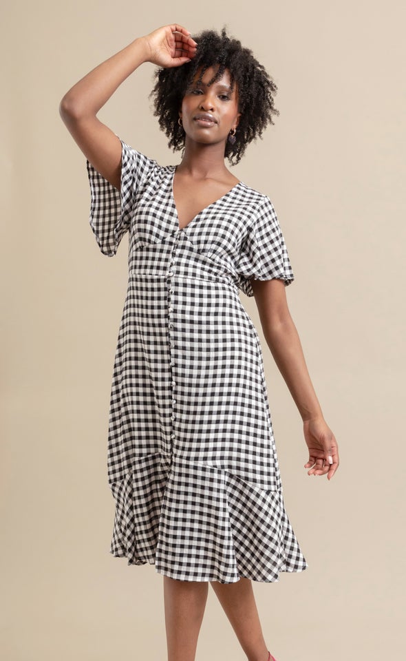 CDC Gingham Button Front Dress Black/white