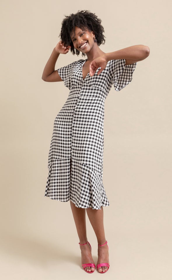 CDC Gingham Button Front Dress Black/white