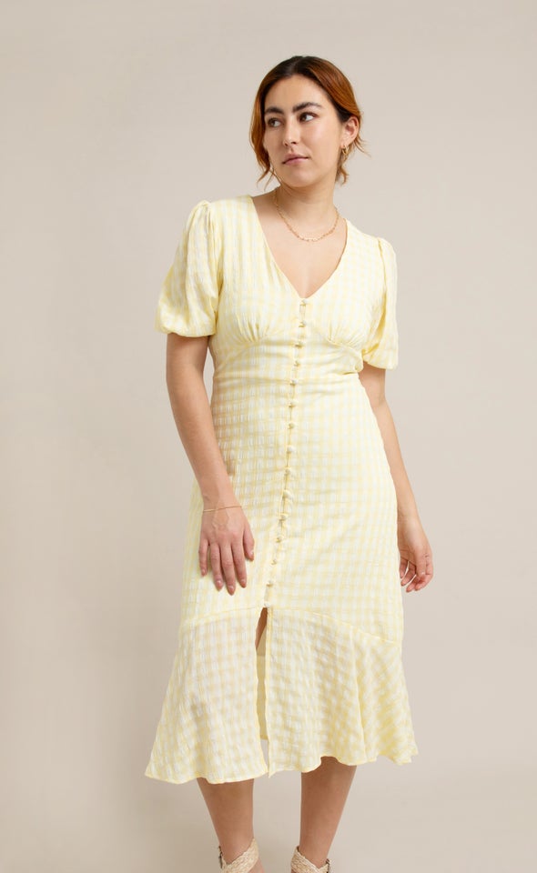 CDC Gingham Button Front Dress Cream/yellow