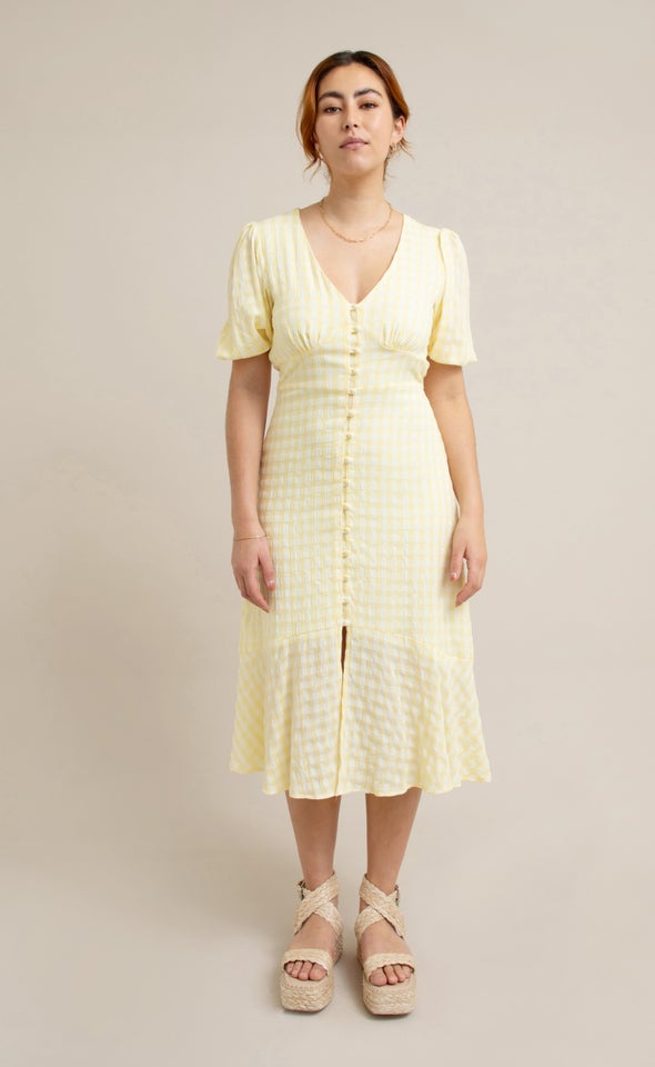 CDC Gingham Button Front Dress Cream/yellow
