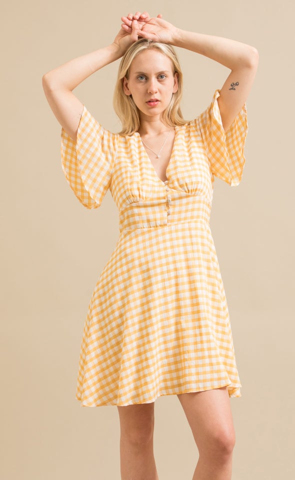 CDC Gingham Flutter Skater Dress Cream/yellow