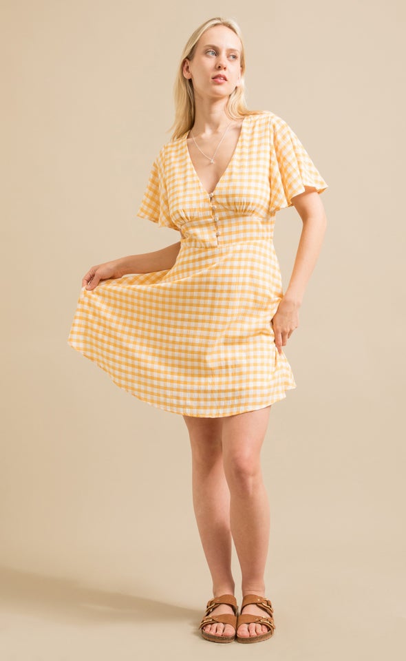 CDC Gingham Flutter Skater Dress Cream/yellow