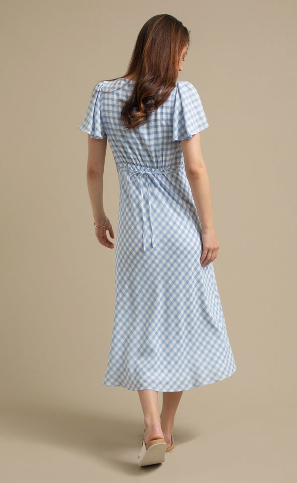 CDC Gingham Flutter Slv Midi Dress Cream/blue