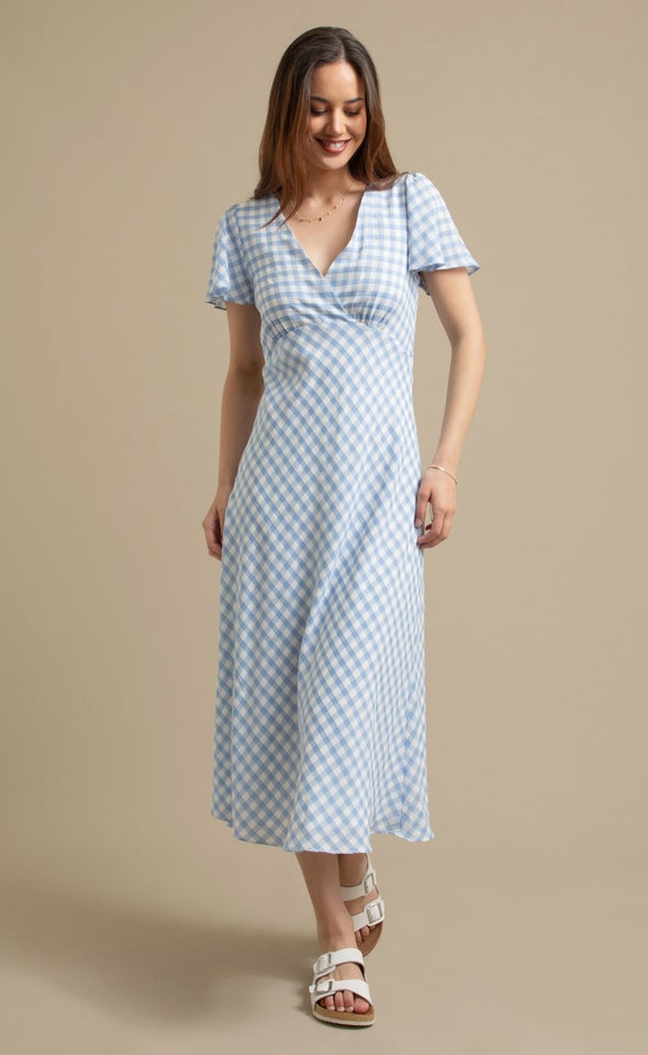 CDC Gingham Flutter Slv Midi Dress Cream/blue