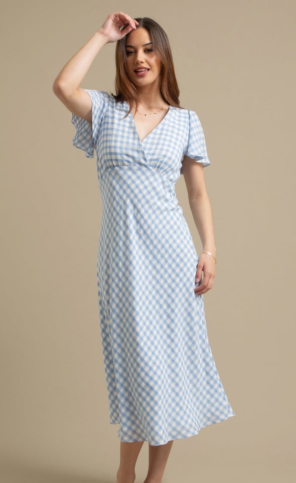 CDC Gingham Flutter Slv Midi Dress Cream/blue