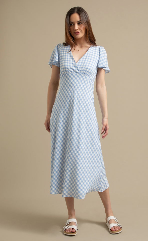 CDC Gingham Flutter Slv Midi Dress Cream/blue