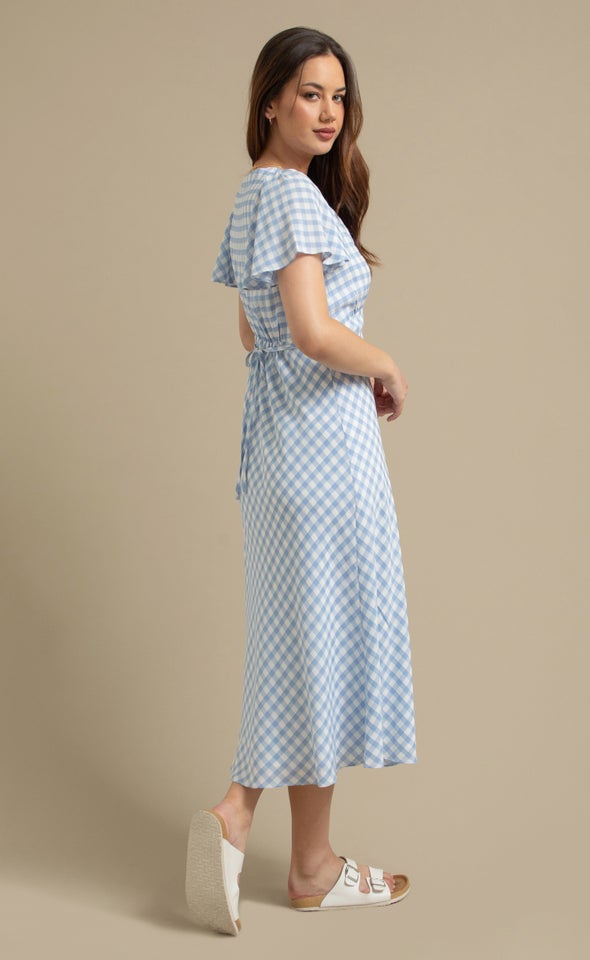 CDC Gingham Flutter Slv Midi Dress Cream/blue