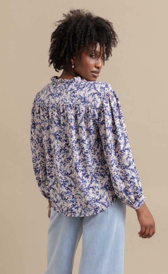 CDC Ruffle Collar Shirt Indigo Print