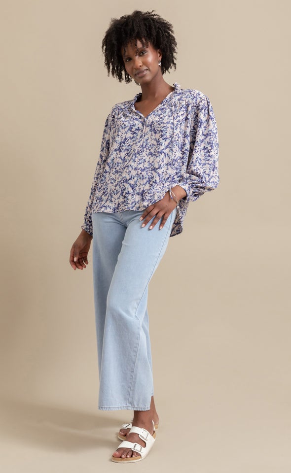 CDC Ruffle Collar Shirt Indigo Print