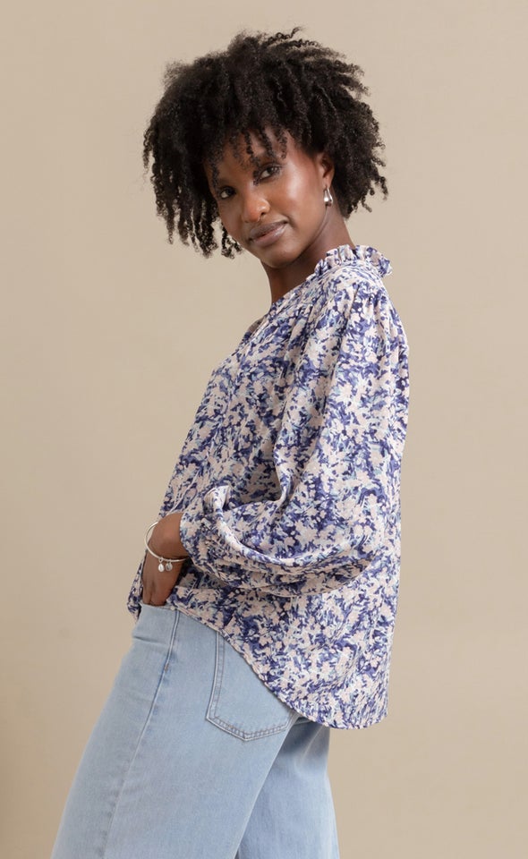 CDC Ruffle Collar Shirt Indigo Print