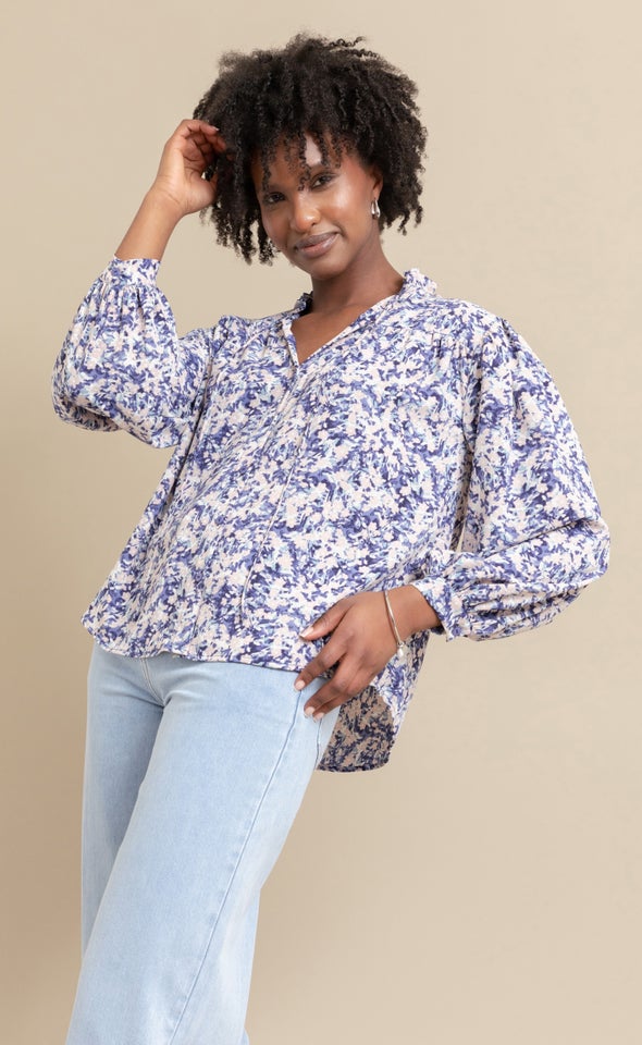 CDC Ruffle Collar Shirt Indigo Print