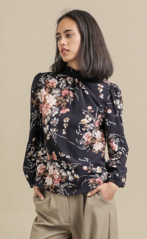 CDC Shirred High Neck LS Top Navy/floral