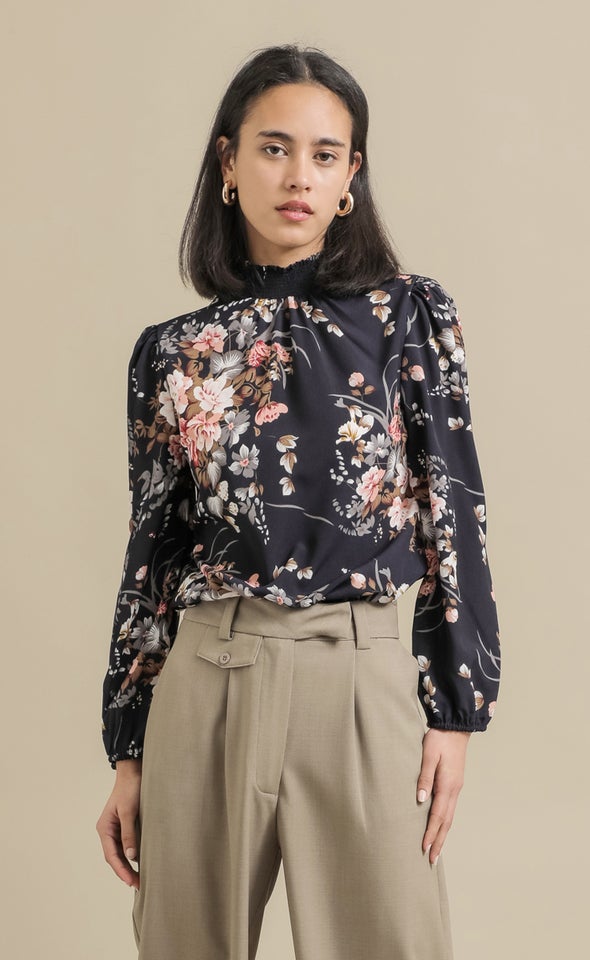 CDC Shirred High Neck LS Top Navy/floral