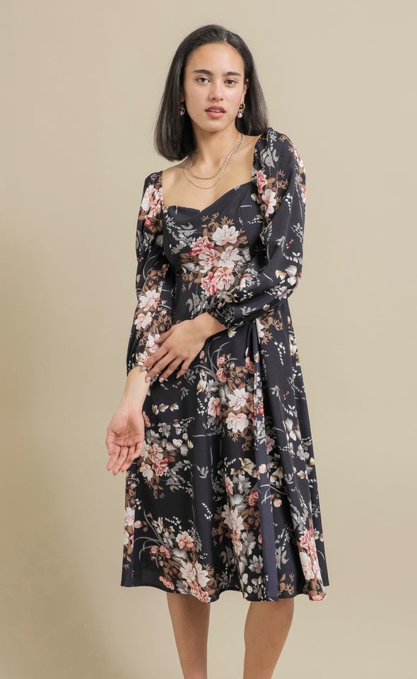 CDC Square Neck LS Dress Navy/floral