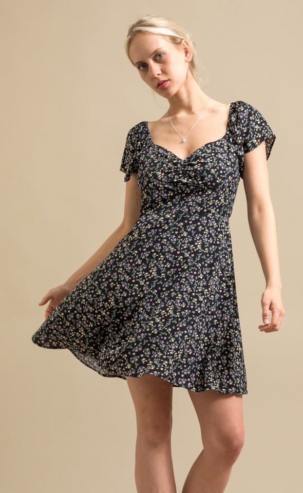 CDC Sweetheart Detail Skater Dress Black/floral